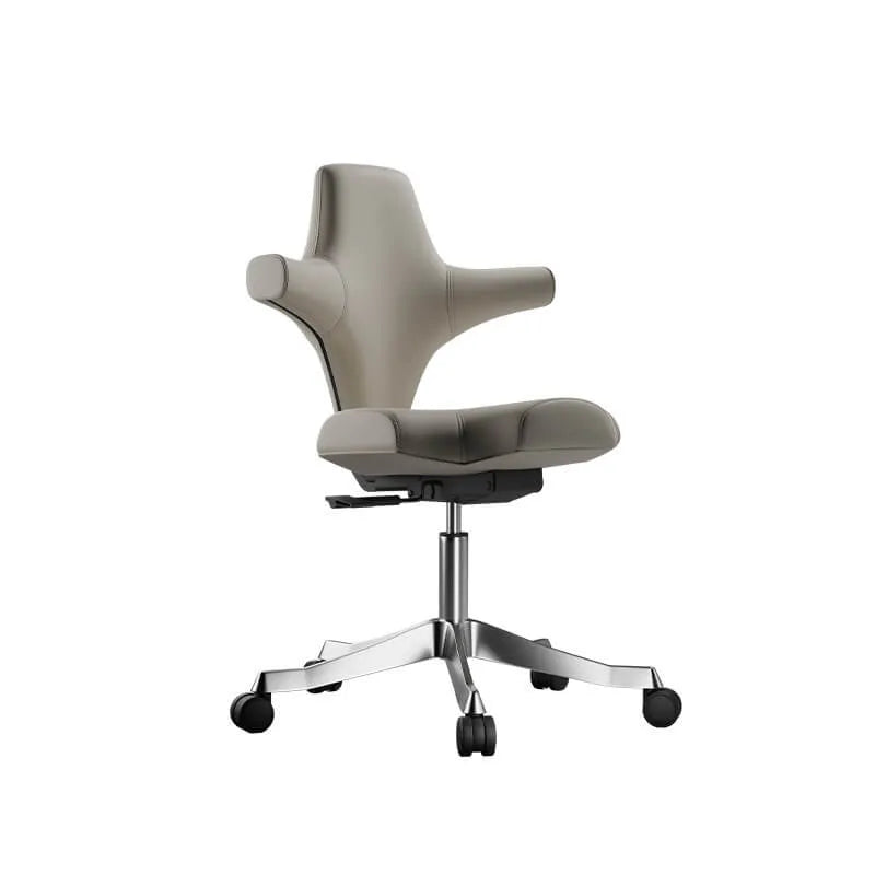 Sculptural Wine Red Saddle Office Chair With Winged Arms and Polished Base
