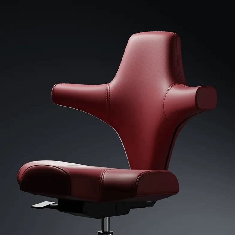 Sculptural Wine Red Saddle Office Chair With Winged Arms and Polished Base