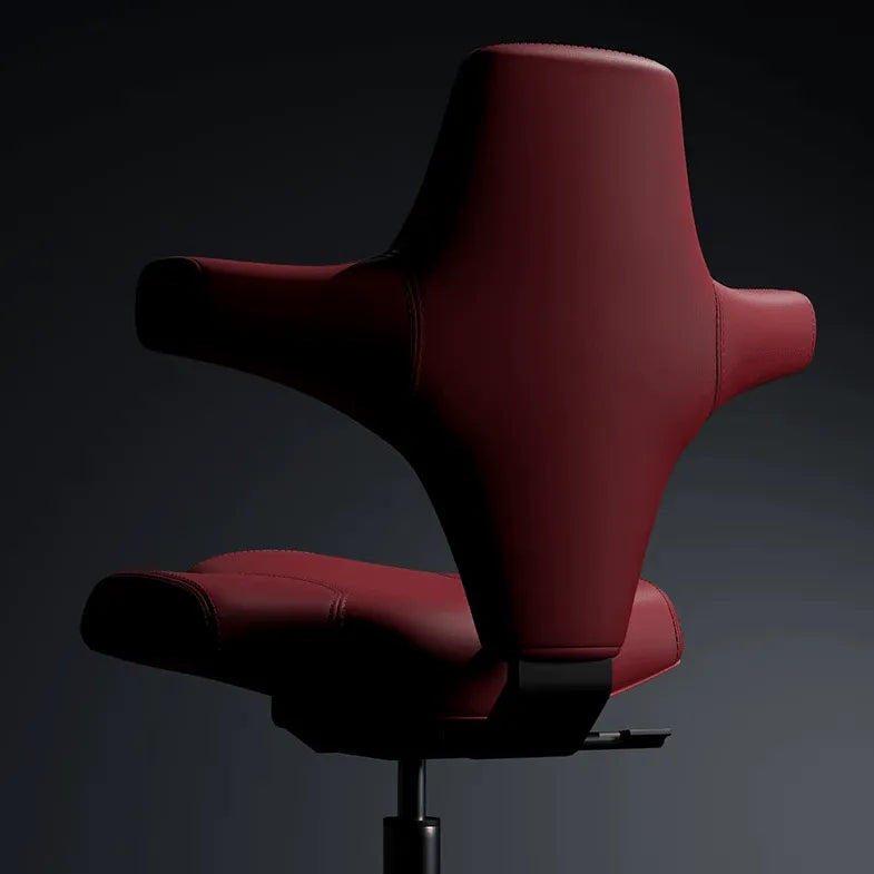 Sculptural Wine Red Saddle Office Chair With Winged Arms and Polished Base