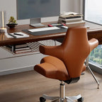 Sculptural Wine Red Saddle Office Chair With Winged Arms and Polished Base