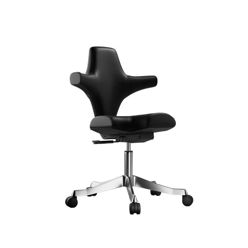 Sculptural Wine Red Saddle Office Chair With Winged Arms and Polished Base
