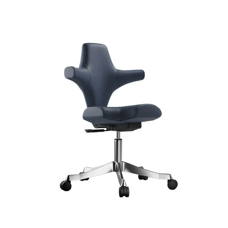 Sculptural Wine Red Saddle Office Chair With Winged Arms and Polished Base