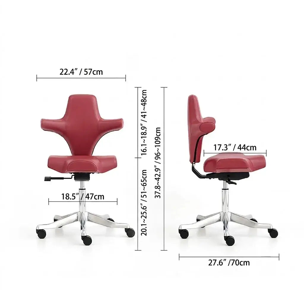Sculptural Wine Red Saddle Office Chair With Winged Arms and Polished Base Dimensions