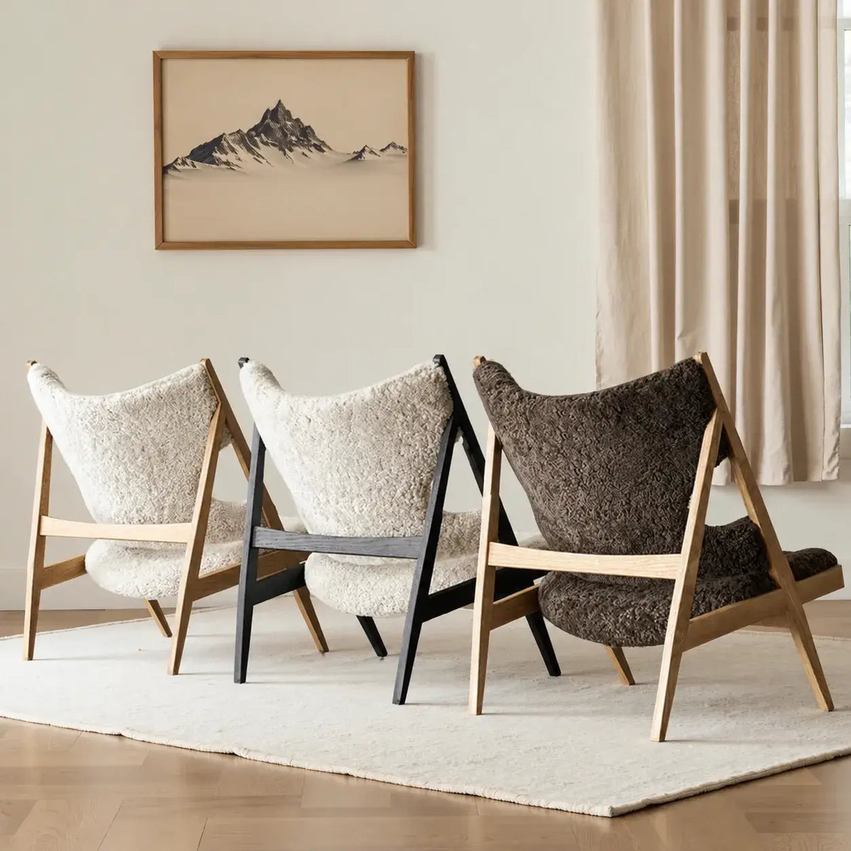 Sculptural Wood Frame Knitting Sheepskin Lounge Chair for Relaxed Living