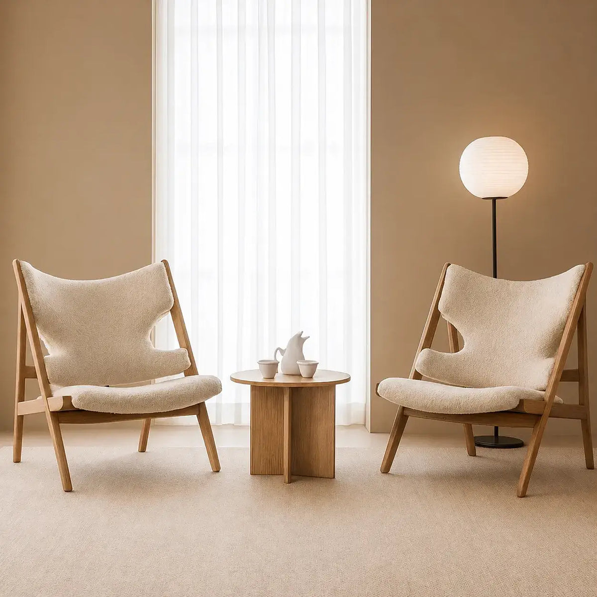 Sculptural Wood Frame Knitting Sheepskin Lounge Chair for Relaxed Living