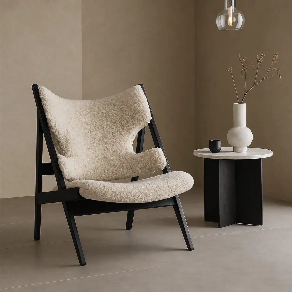 Sculptural Wood Frame Knitting Sheepskin Lounge Chair for Relaxed Living Main Product Image