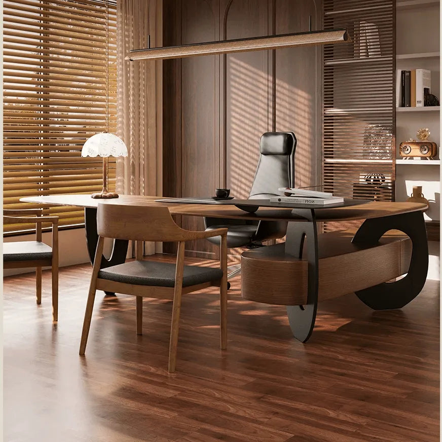 Sculptural Wooden Office Desk with Integrated Storage and Cable Management