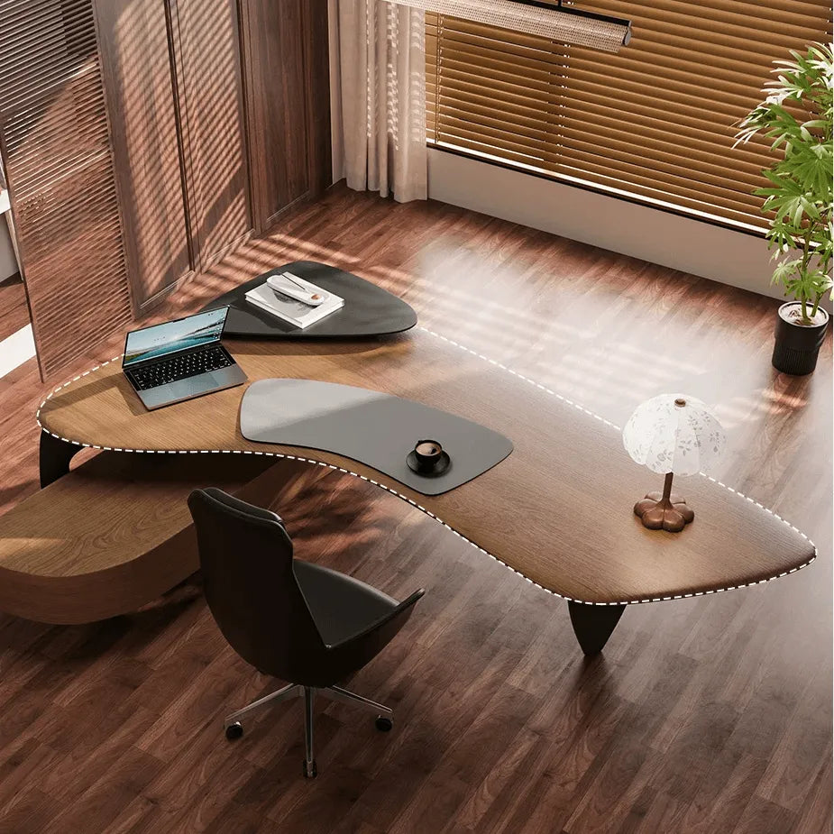 Sculptural Wooden Office Desk with Integrated Storage and Cable Management