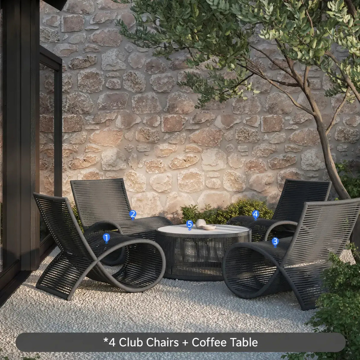 Sculptural Woven Outdoor Chair and Round Table Set, Nordic Patio Lounge