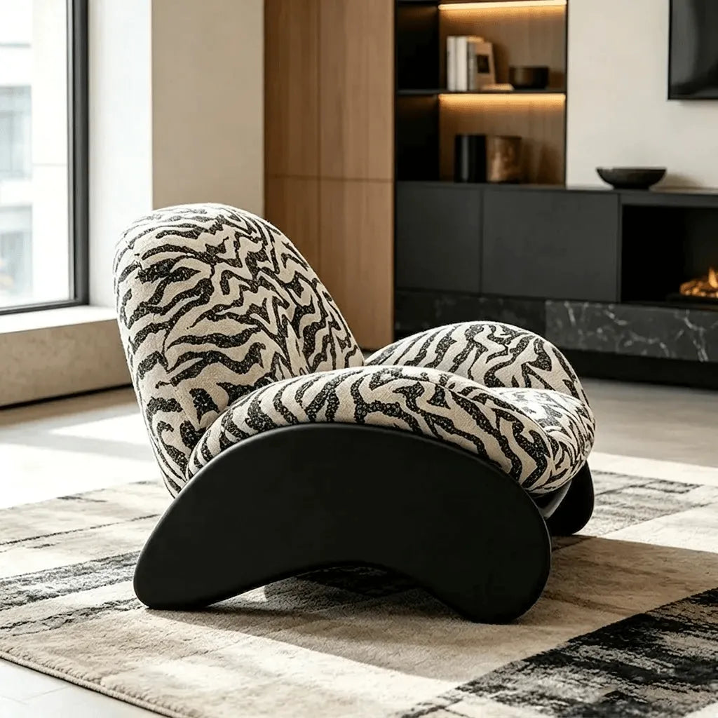 Sculptural Zebra Print Chair with Wave Tufting and Floating S Curve Base