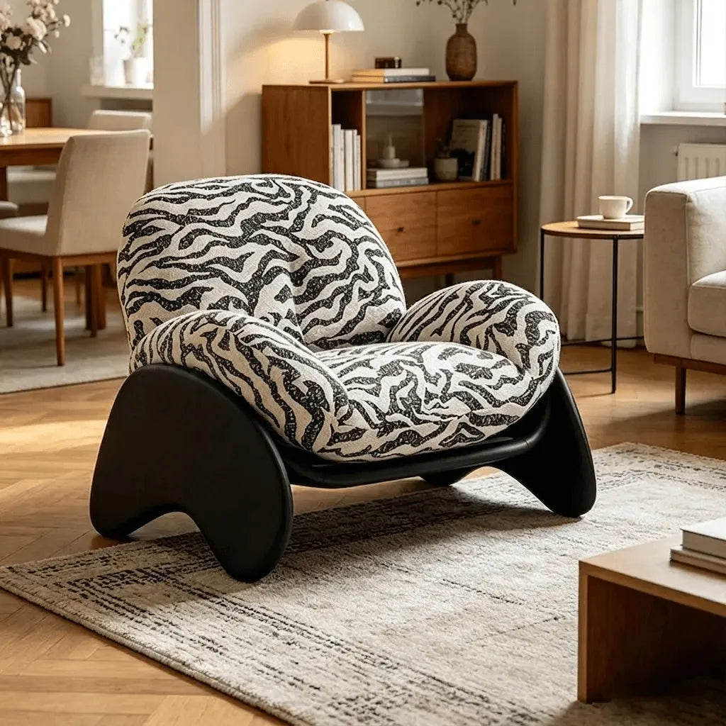 Sculptural Zebra Print Chair with Wave Tufting and Floating S Curve Base