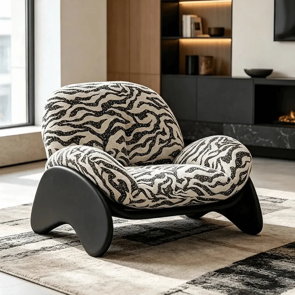 Sculptural Zebra Print Chair with Wave Tufting and Floating S Curve Base Main Product Image