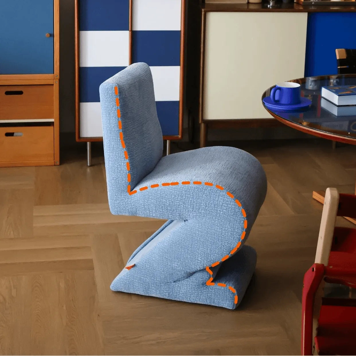 Sculptural Zigzag Chair Series With Zebra Print Textures and Soft Curved Upholstery