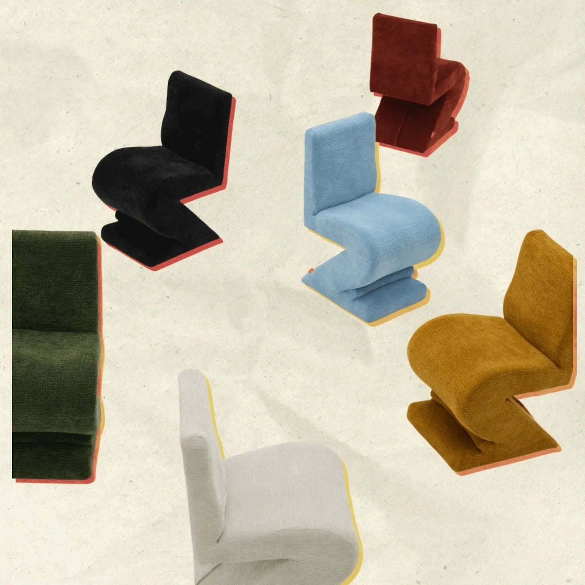 Sculptural Zigzag Chair Series With Zebra Print Textures and Soft Curved Upholstery