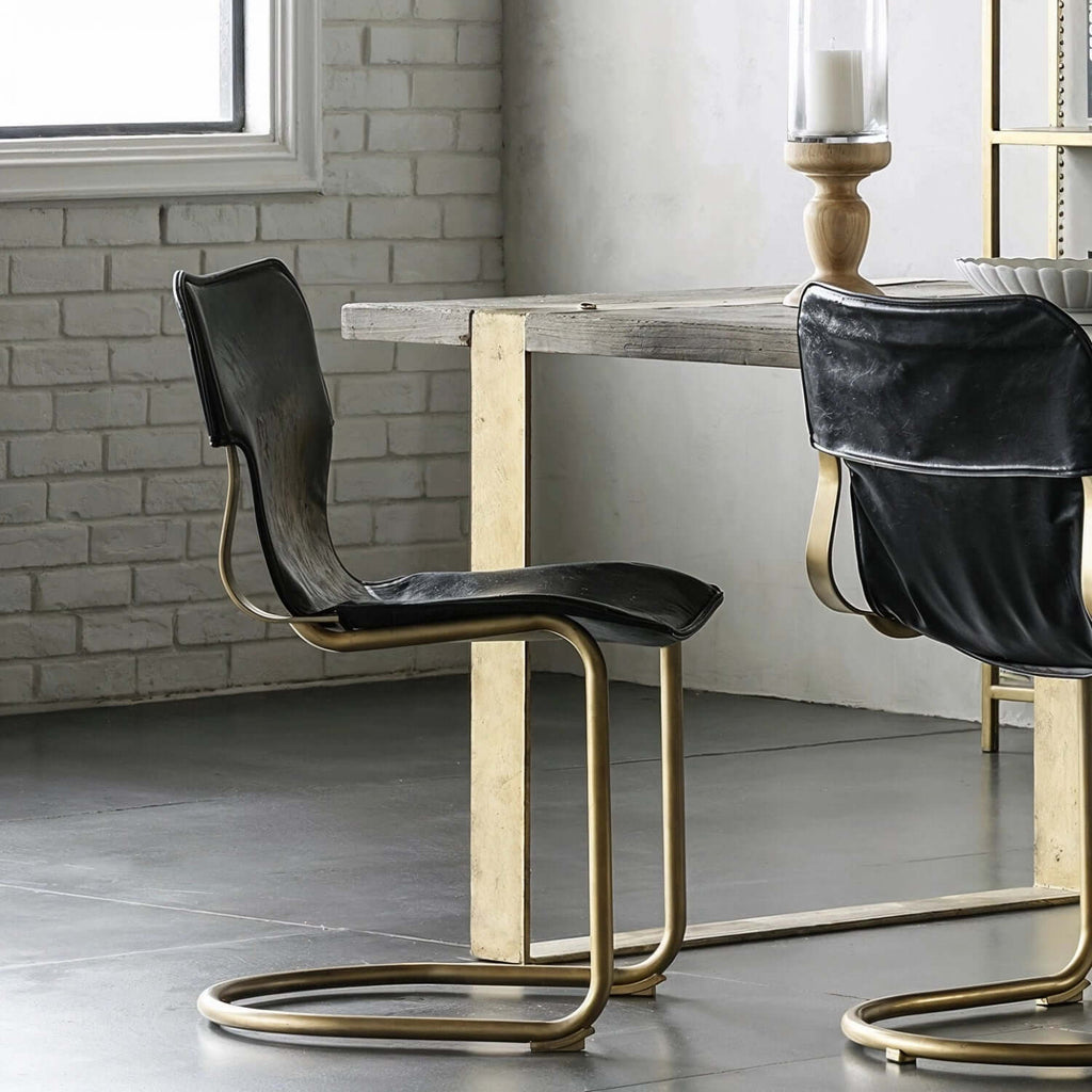 Set Of 2 Black PU Leather Dining Chairs With Gold Metal Frame