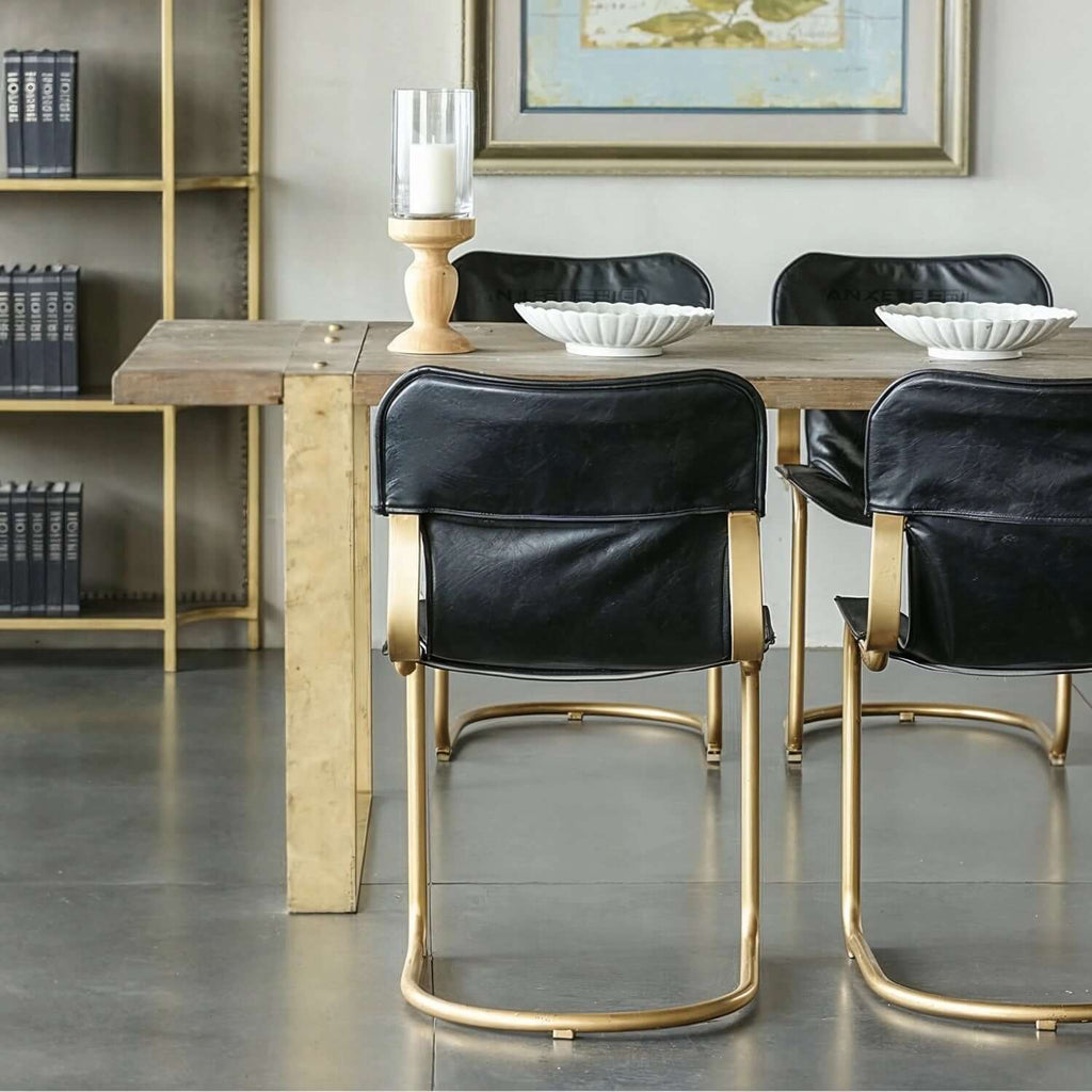 Set Of 2 Black PU Leather Dining Chairs With Gold Metal Frame