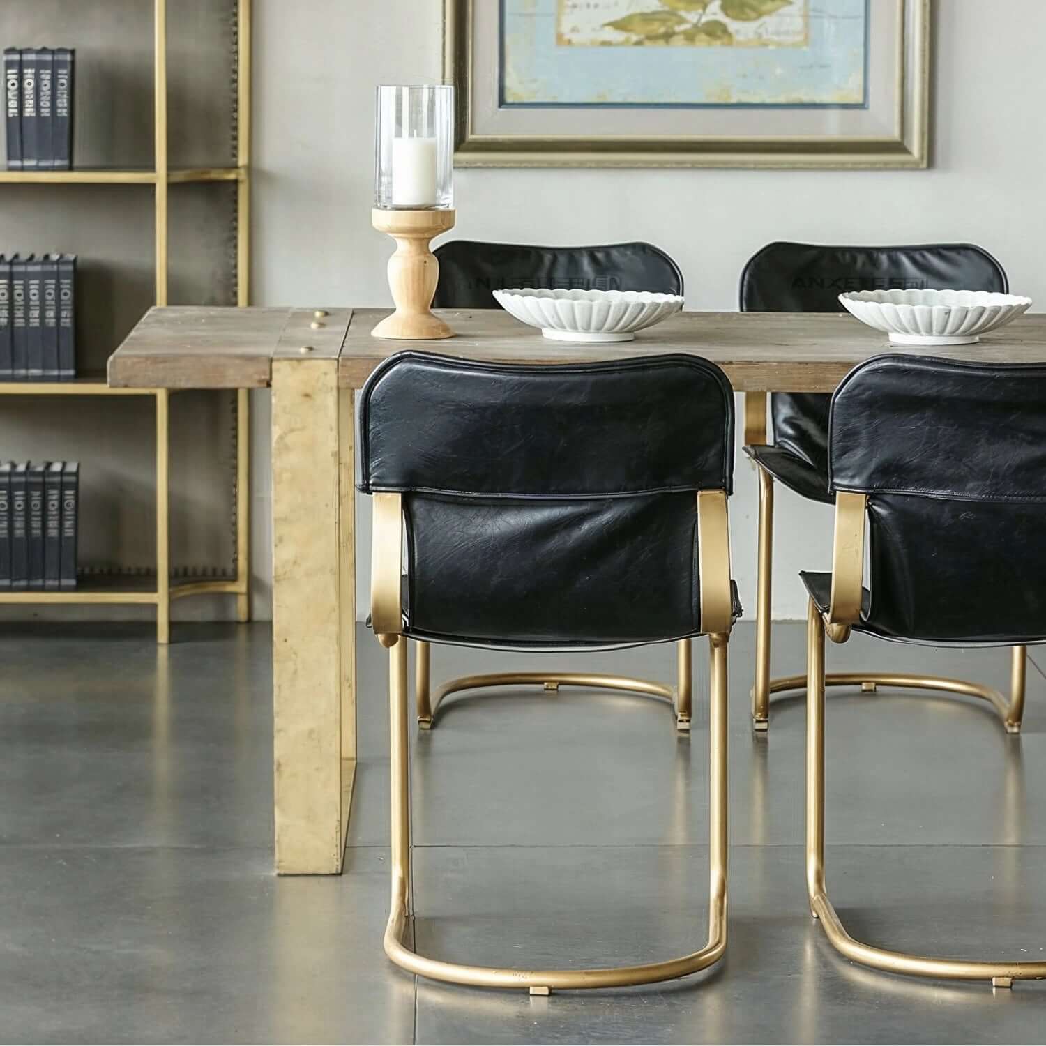 Set Of 2 Black PU Leather Dining Chairs With Gold Metal Frame
