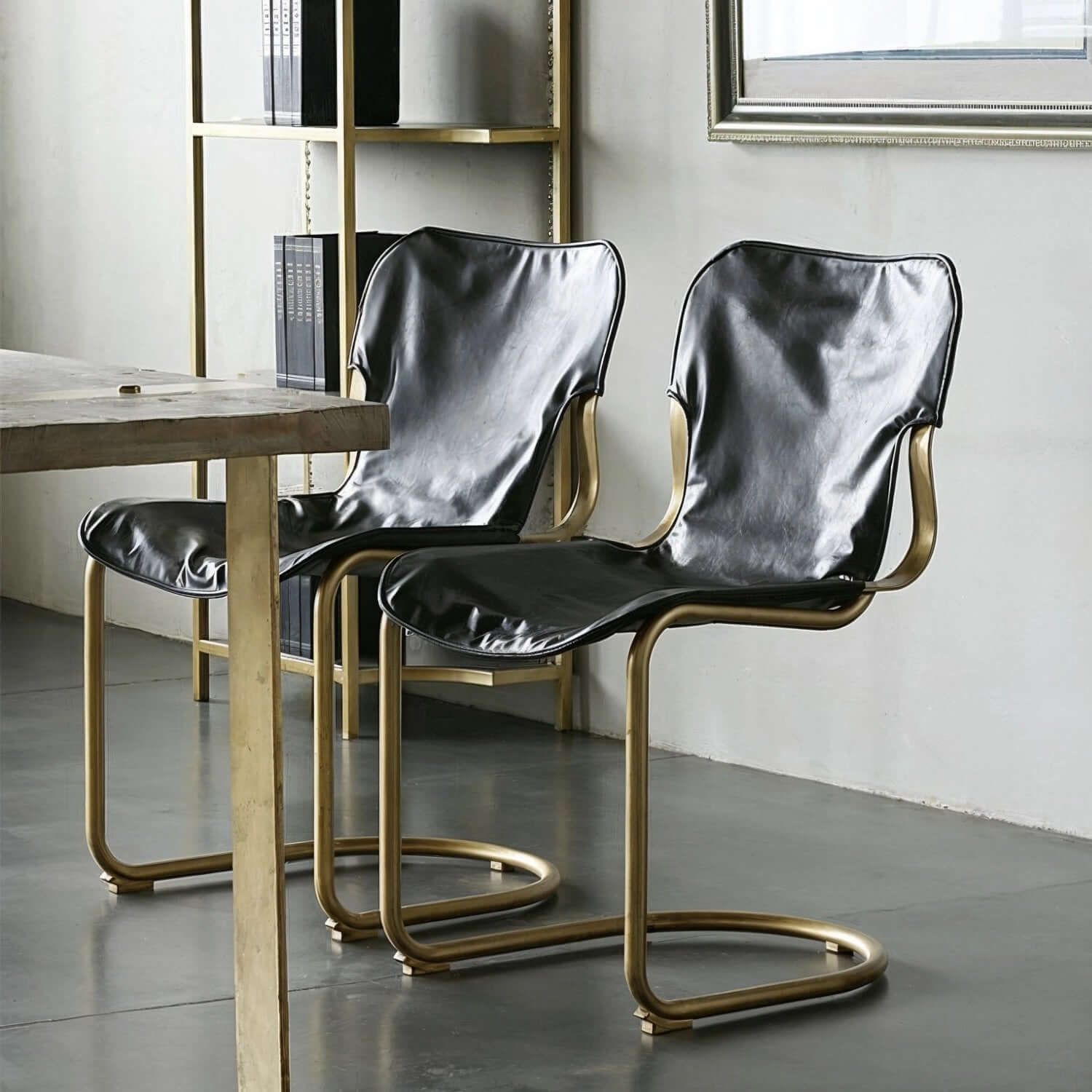 Set Of 2 Black PU Leather Dining Chairs With Gold Metal Frame