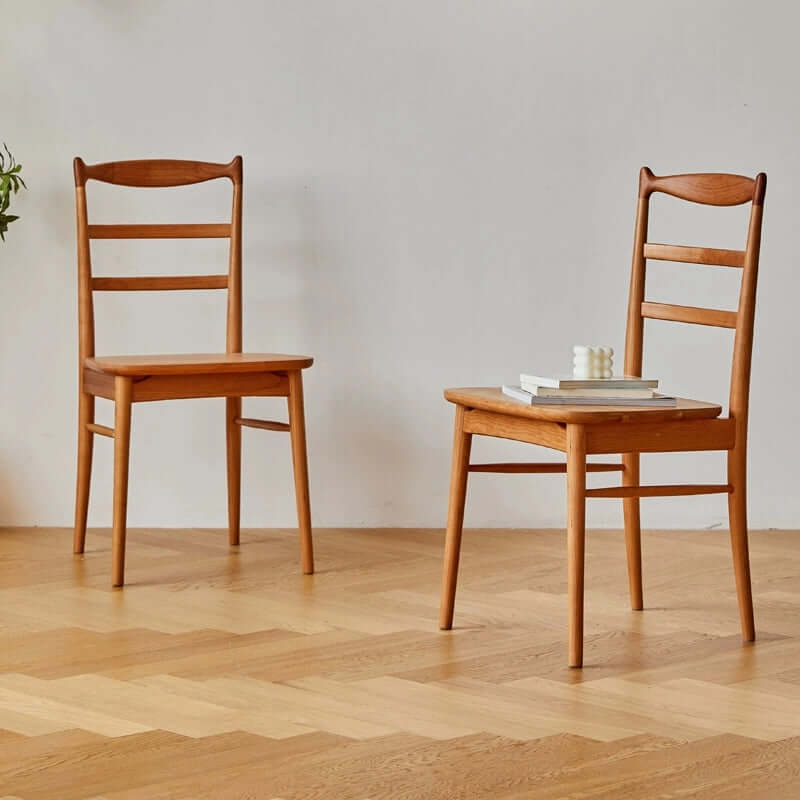 Set of 2 Cherry Wood Dining Chairs with Ladder Backrest