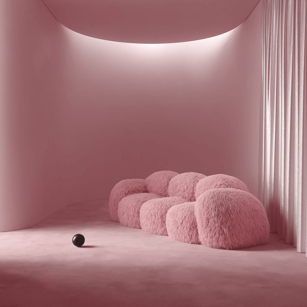 Shaggy Pink Yeti Sofa - Voluminous Cloud Shape