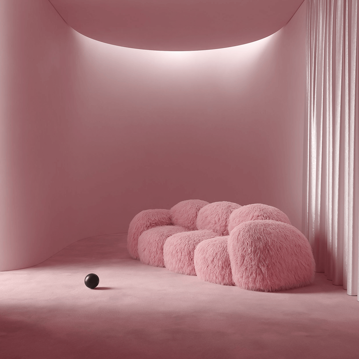 Shaggy Pink Yeti Sofa - Voluminous Cloud Shape