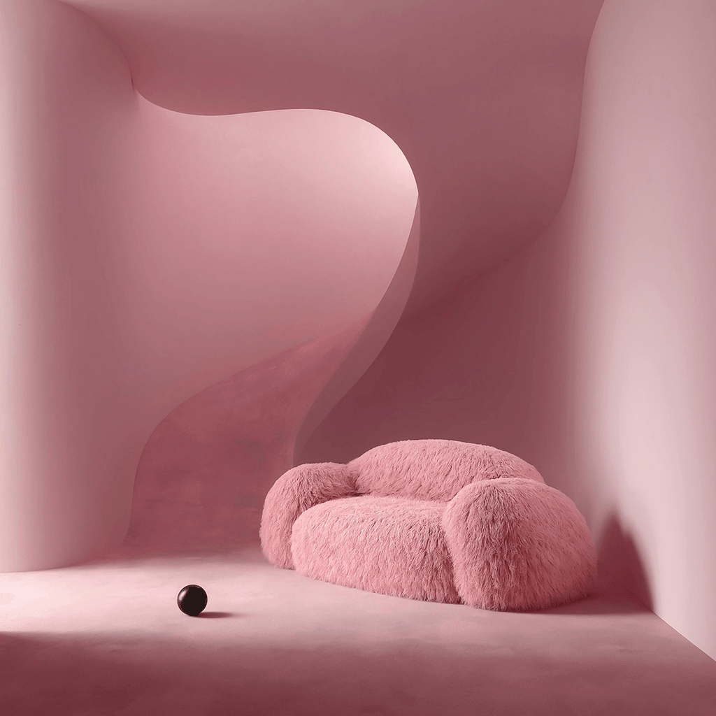 Shaggy Pink Yeti Sofa - Voluminous Cloud Shape