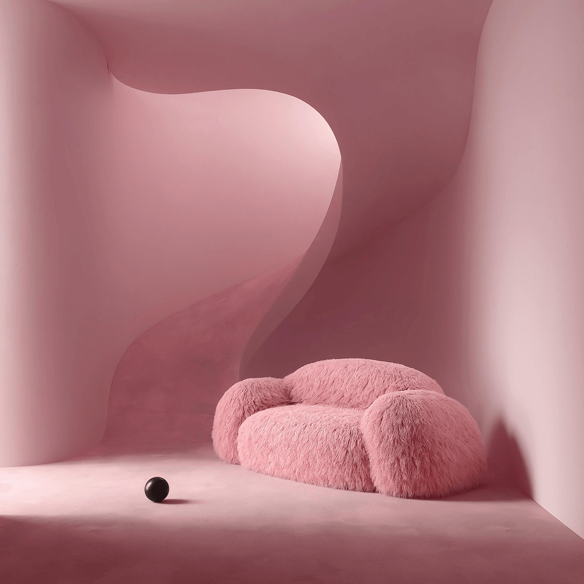 Shaggy Pink Yeti Sofa - Voluminous Cloud Shape
