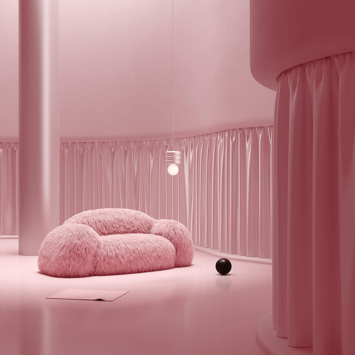 Shaggy Pink Yeti Sofa - Voluminous Cloud Shape