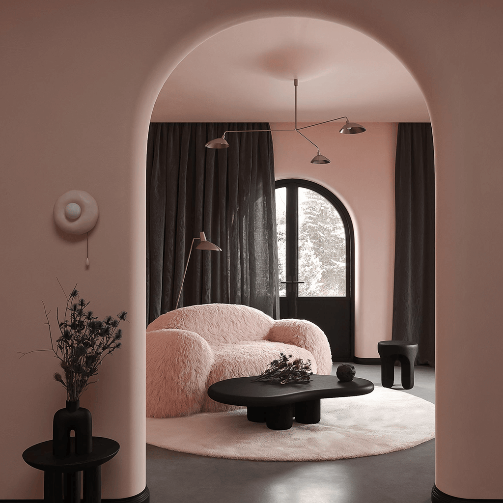 Shaggy Pink Yeti Sofa - Voluminous Cloud Shape