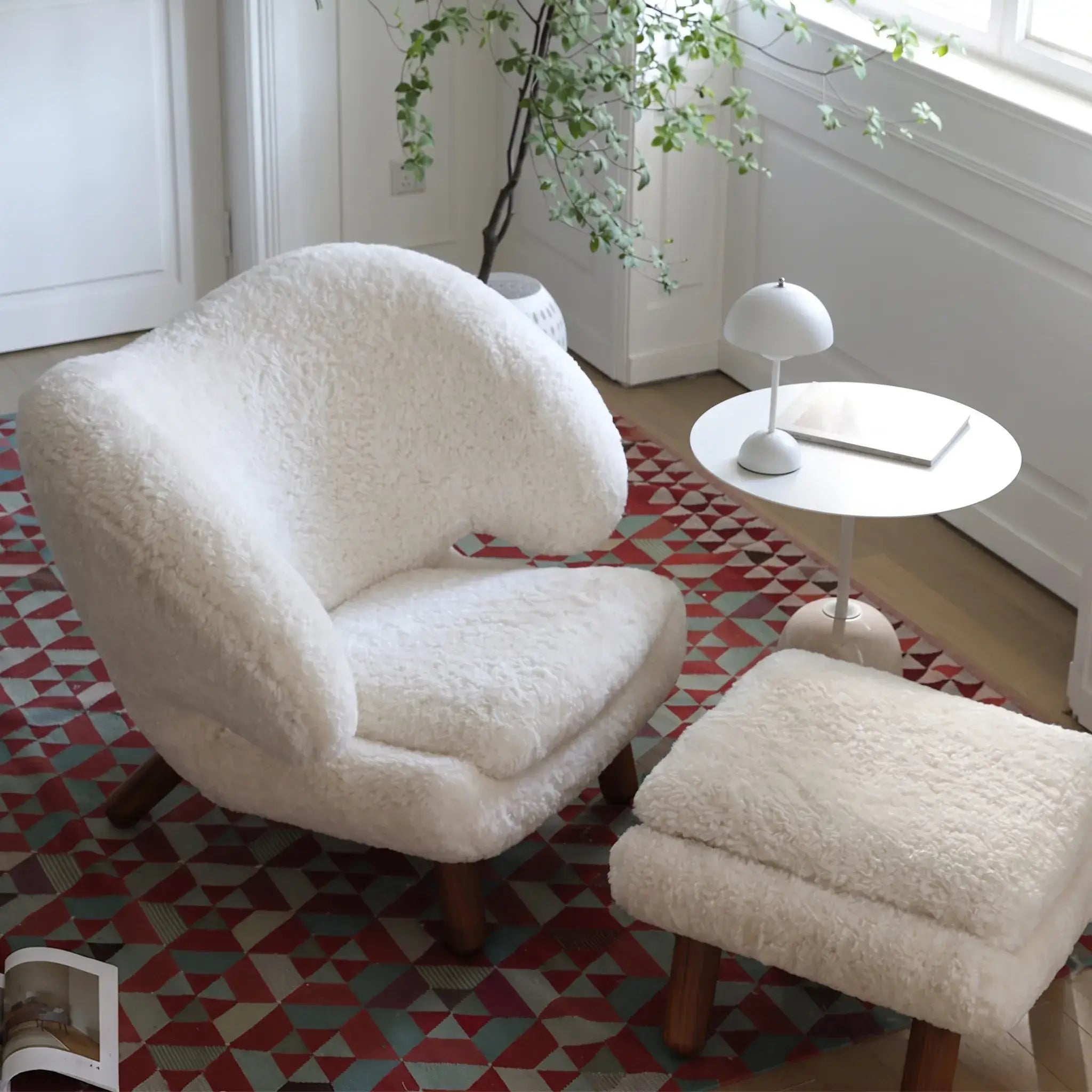 Shearling Pelican Chair Series With Walnut Legs and Embrace Lounge Silhouette