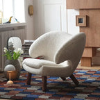 Shearling Pelican Chair Series With Walnut Legs and Embrace Lounge Silhouette