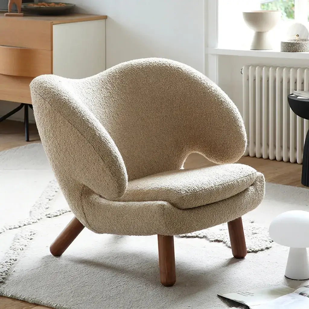 Shearling Pelican Chair Series With Walnut Legs and Embrace Lounge Silhouette