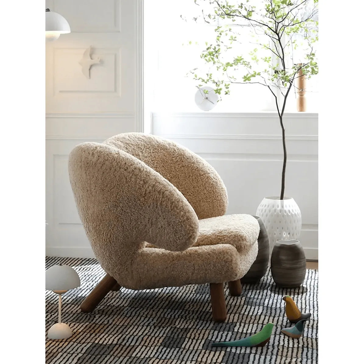 Shearling Pelican Chair Series With Walnut Legs and Embrace Lounge Silhouette