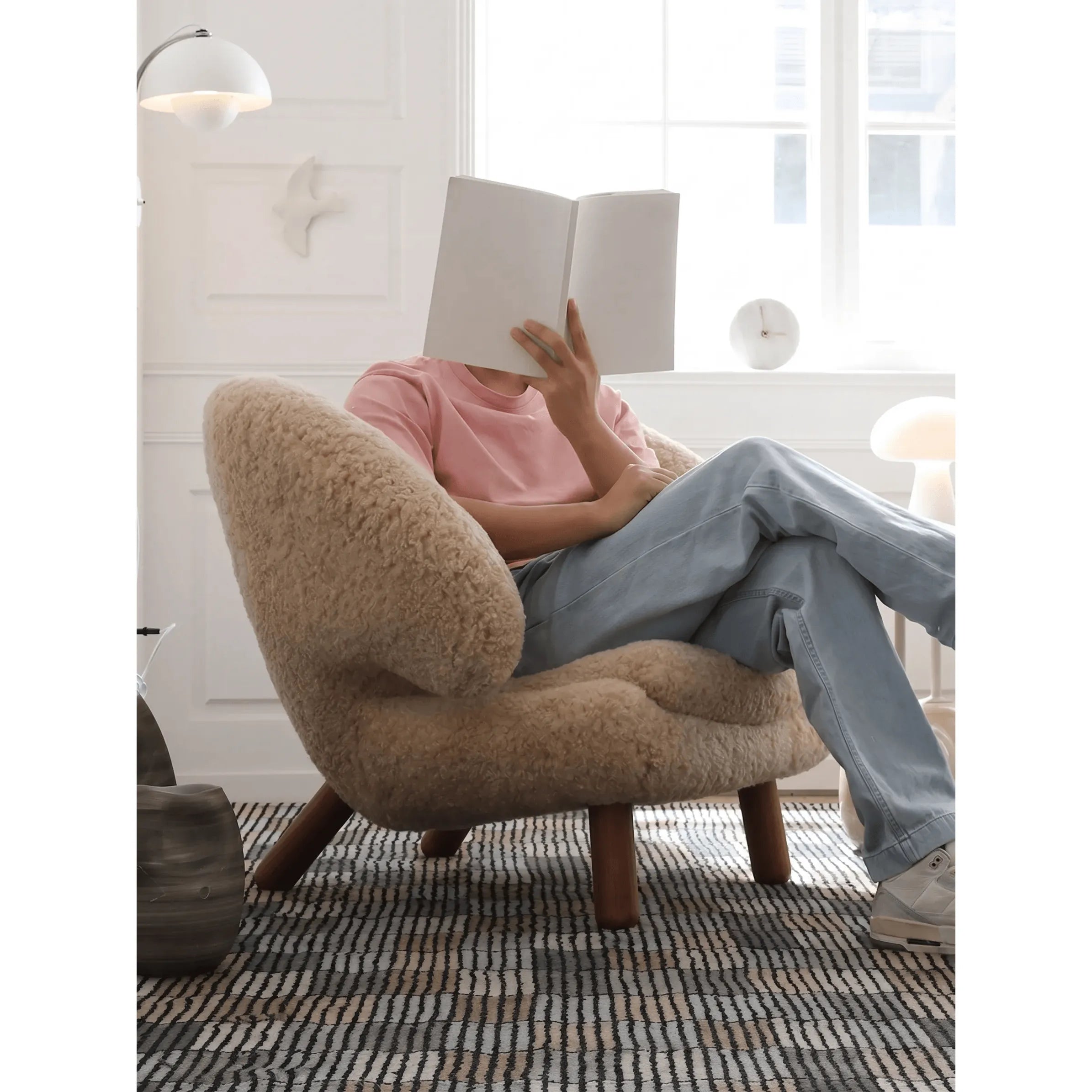 Shearling Pelican Chair Series With Walnut Legs and Embrace Lounge Silhouette