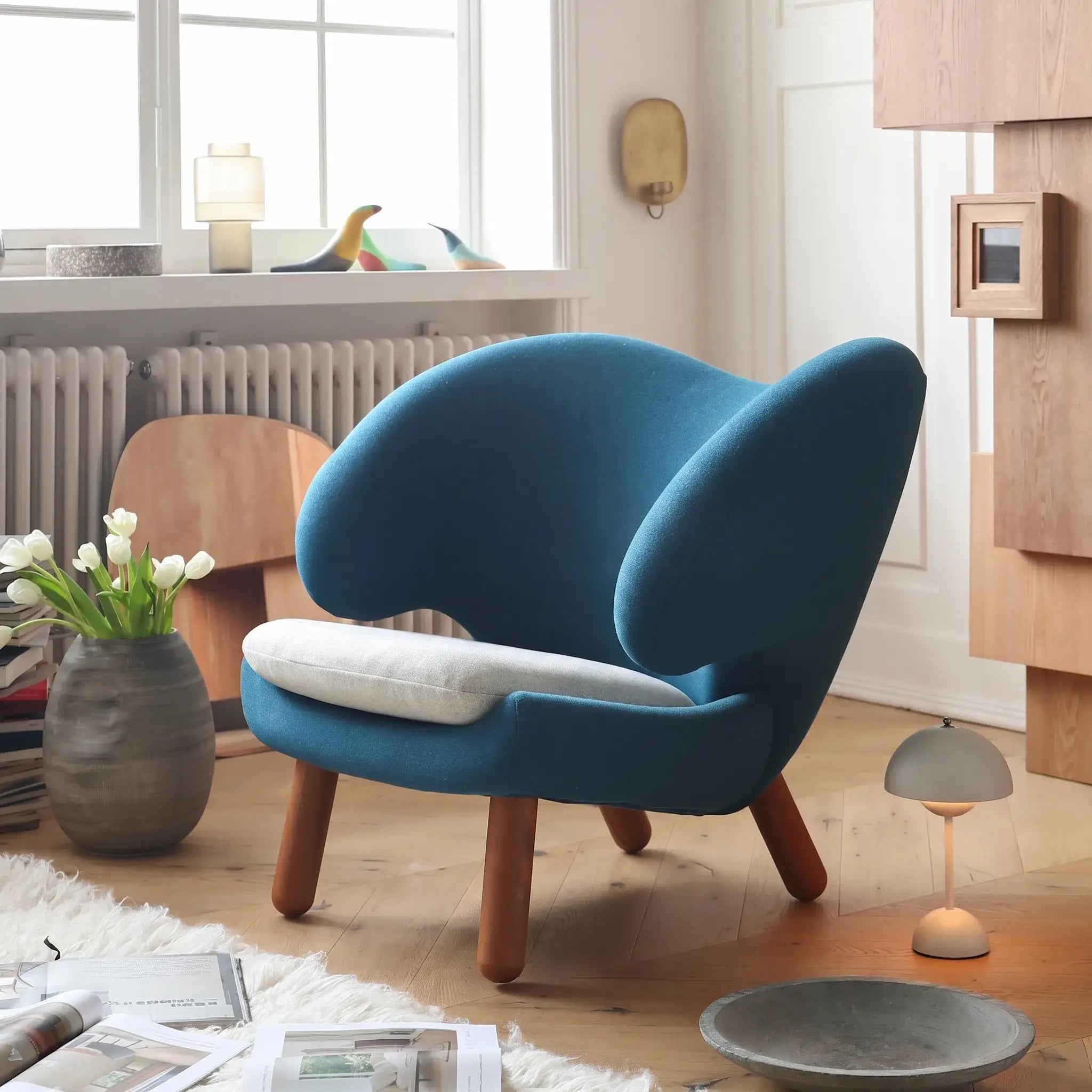 Shearling Pelican Chair Series With Walnut Legs and Embrace Lounge Silhouette Main image
