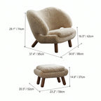 Shearling Pelican Chair Series With Walnut Legs and Embrace Lounge Silhouette Dimensions