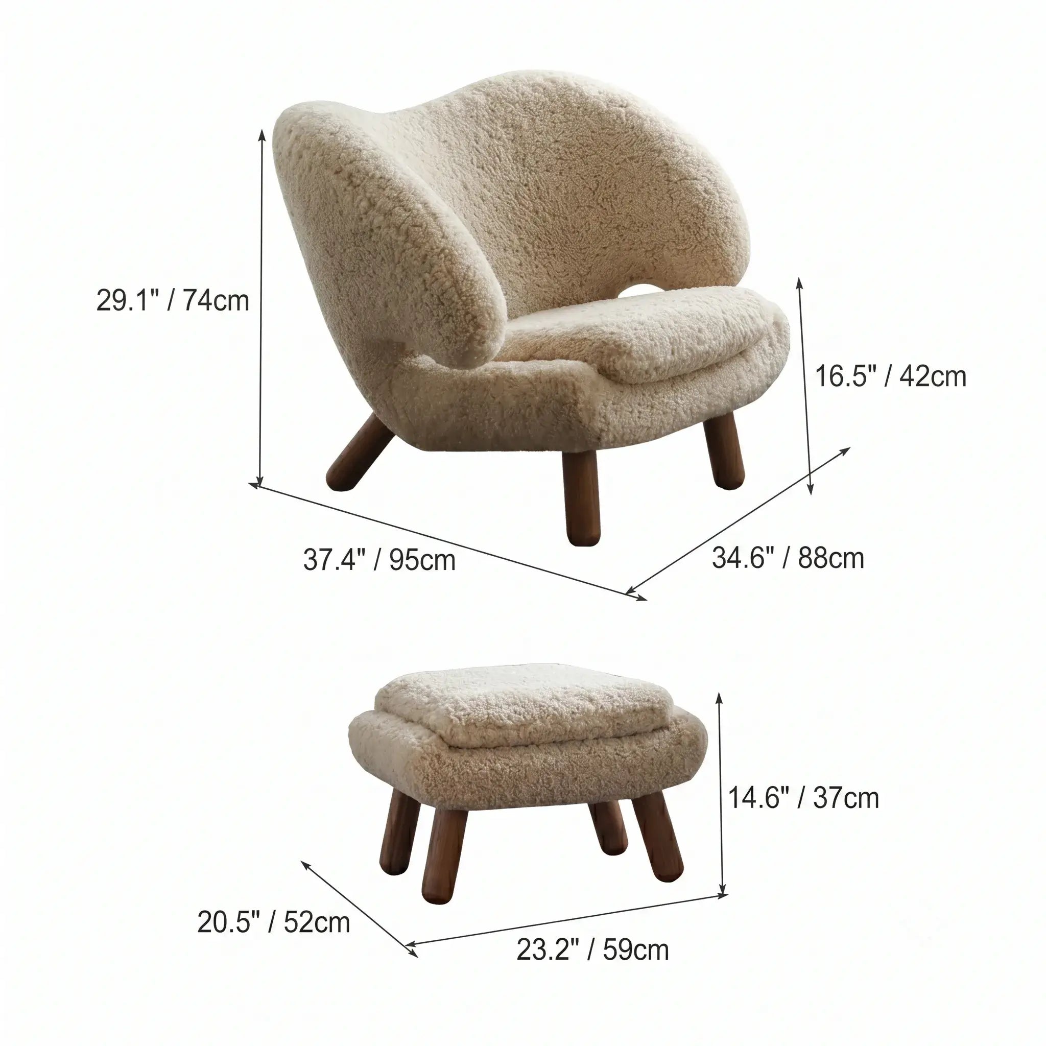 Shearling Pelican Chair Series With Walnut Legs and Embrace Lounge Silhouette Dimensions