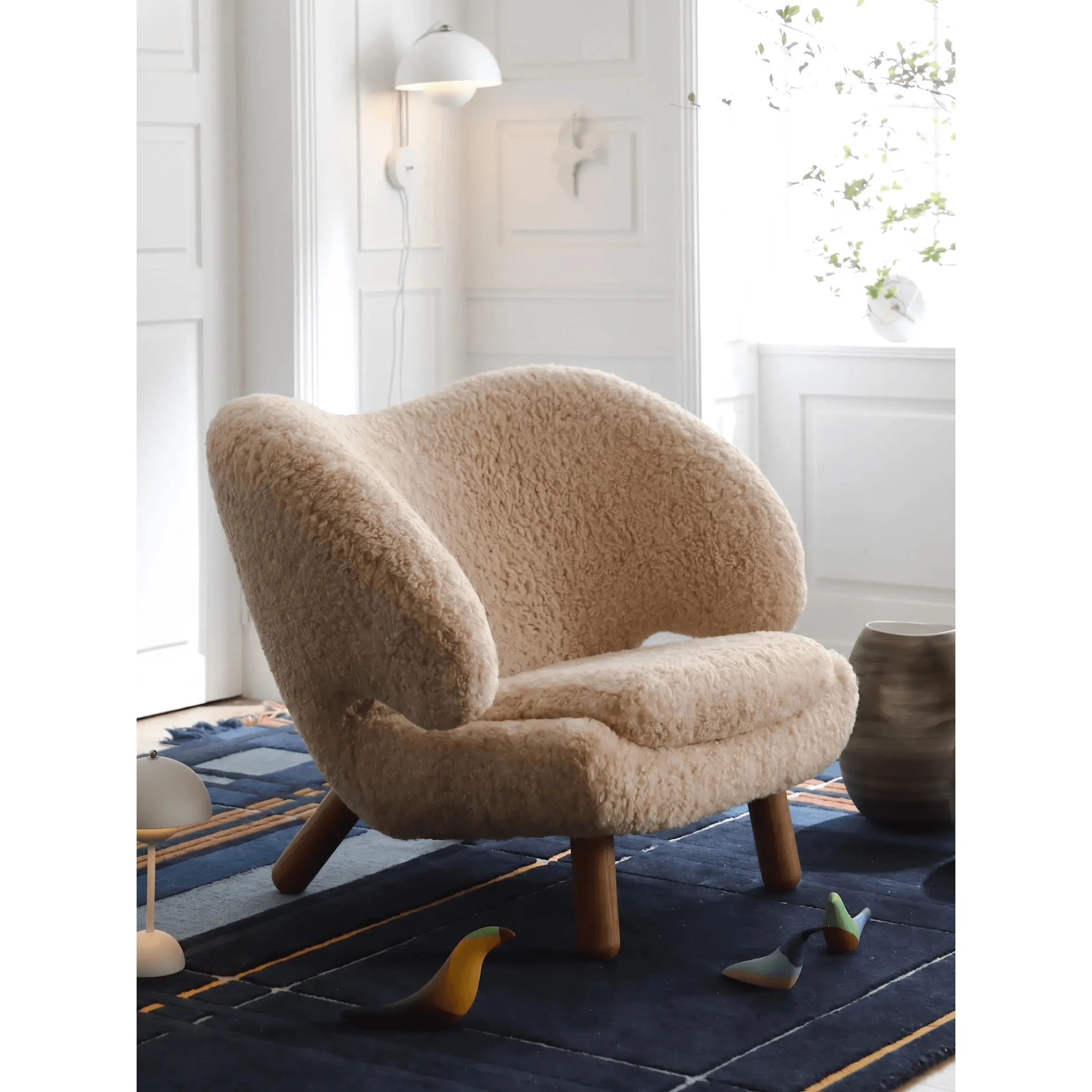 Shearling Pelican Chair Series With Walnut Legs and Embrace Lounge Silhouette Main Product Image