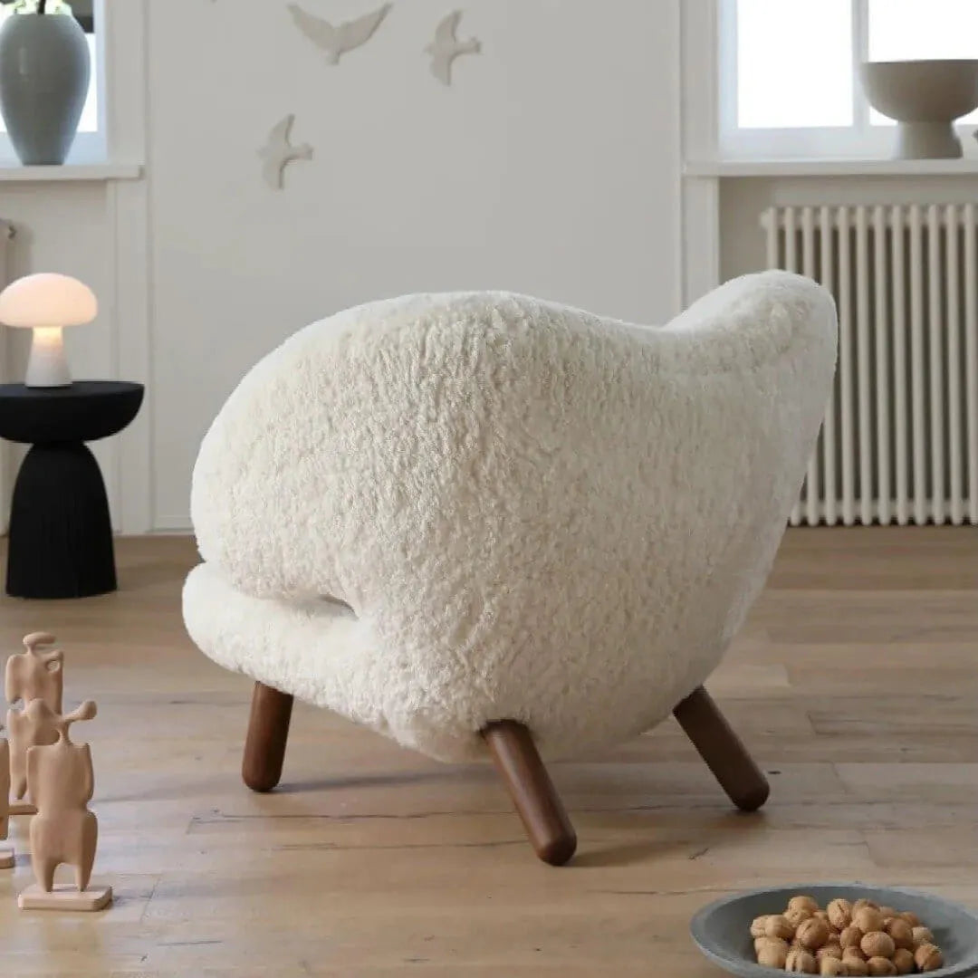 Shearling Pelican Chair With Walnut Legs, Ergonomic Wingback Lounge Seating