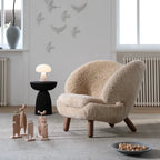Shearling Pelican Chair With Walnut Legs, Ergonomic Wingback Lounge Seating
