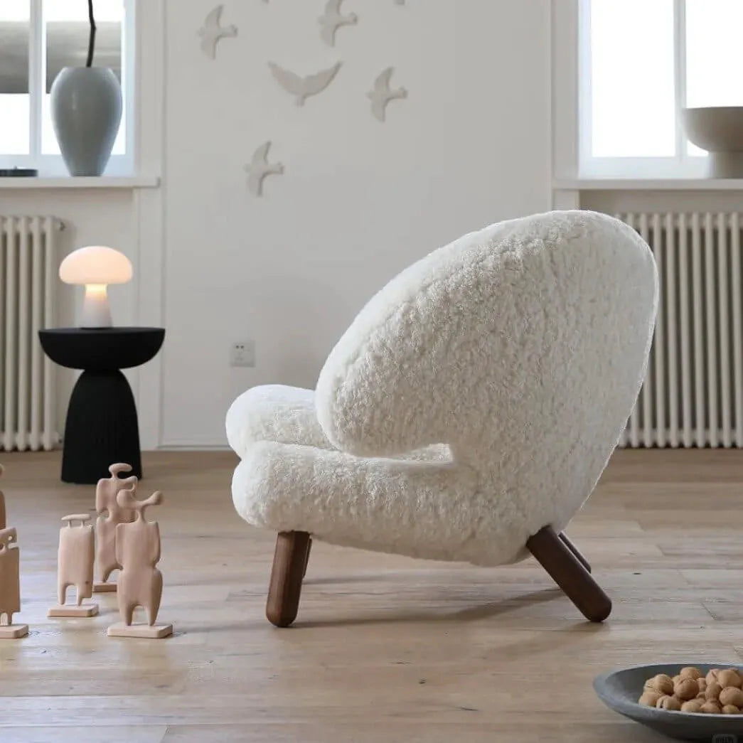 Shearling Pelican Chair With Walnut Legs, Ergonomic Wingback Lounge Seating