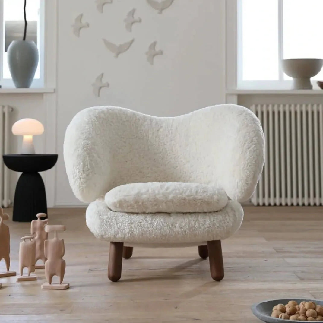 Shearling Pelican Chair With Walnut Legs, Ergonomic Wingback Lounge Seating Main Product Image Main image