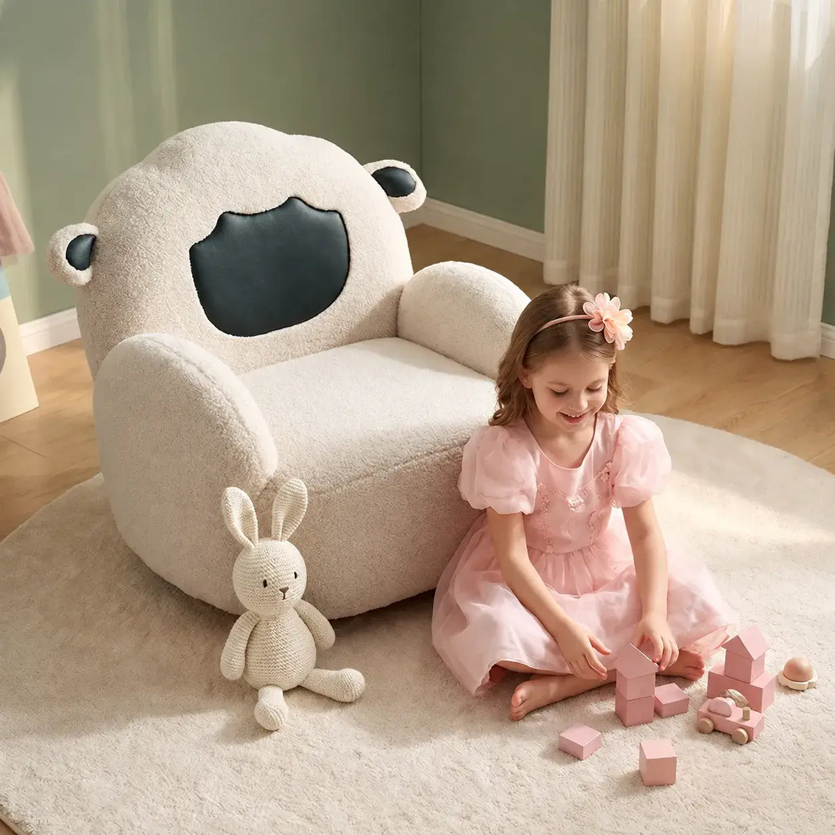 Sheep Sherpa Kids Sofa Chair, Rounded Reading Seat for Cozy Rooms