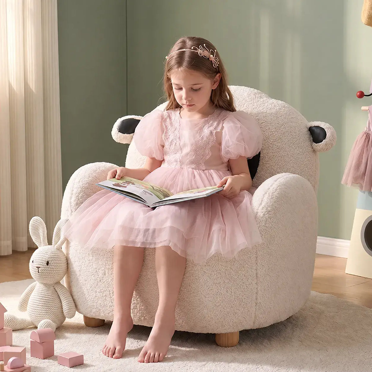 Sheep Sherpa Kids Sofa Chair, Rounded Reading Seat for Cozy Rooms