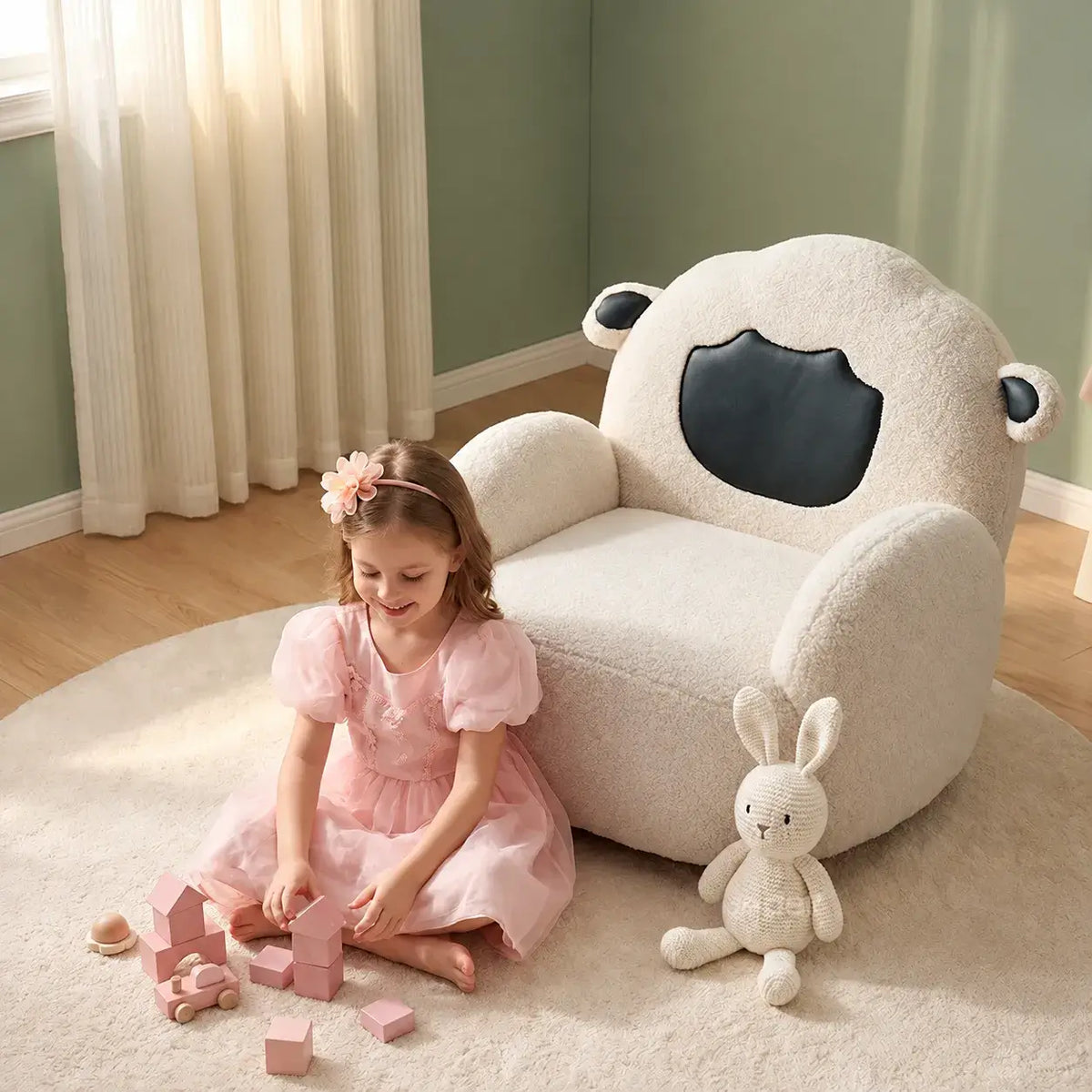 Sheep Sherpa Kids Sofa Chair, Rounded Reading Seat for Cozy Rooms