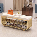 Short-Height Upholstered Entry Bench Featuring Art Deco Lines and Clean Silhouette