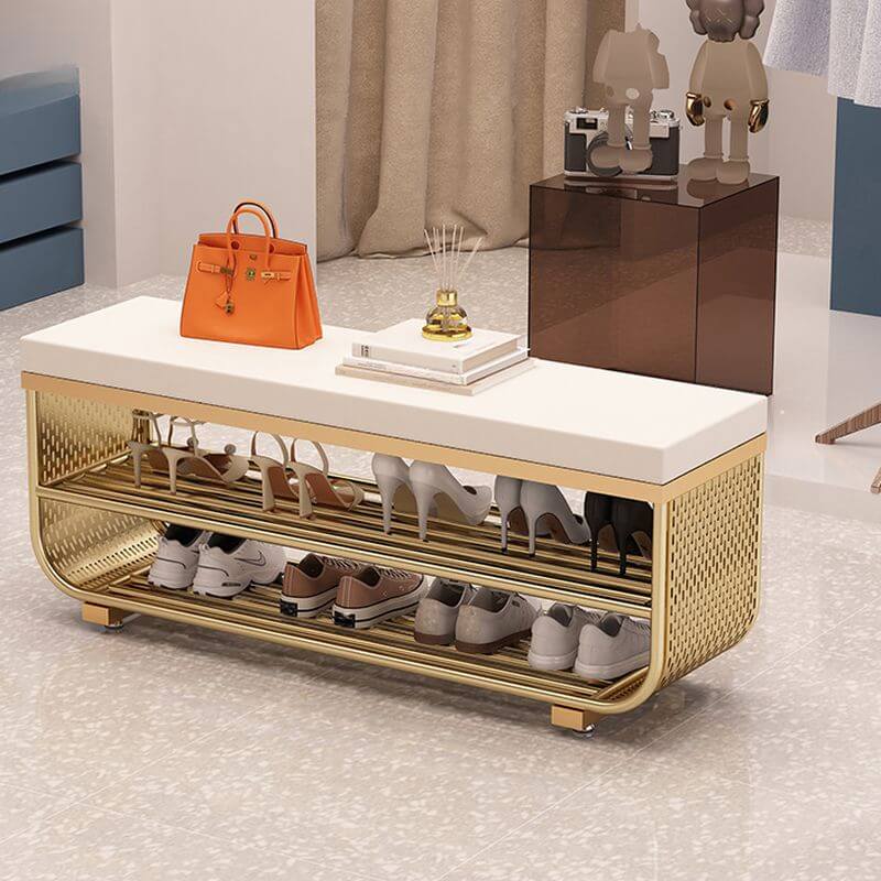 Short-Height Upholstered Entry Bench Featuring Art Deco Lines and Clean Silhouette