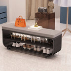 Short-Height Upholstered Entry Bench Featuring Art Deco Lines and Clean Silhouette