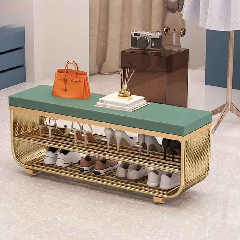 Short-Height Upholstered Entry Bench Featuring Art Deco Lines and Clean Silhouette