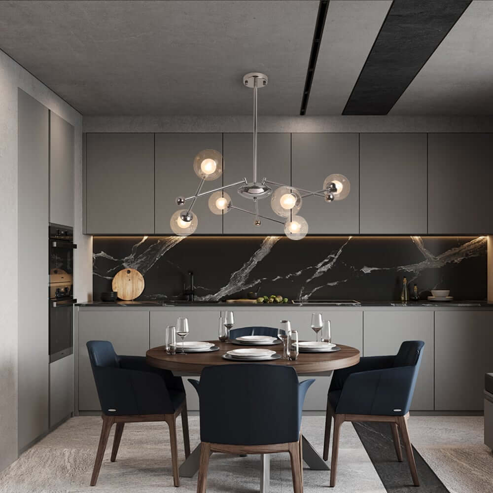 Silver Nordic Sputnik Chandelier with 6 Warm White Glass Shades